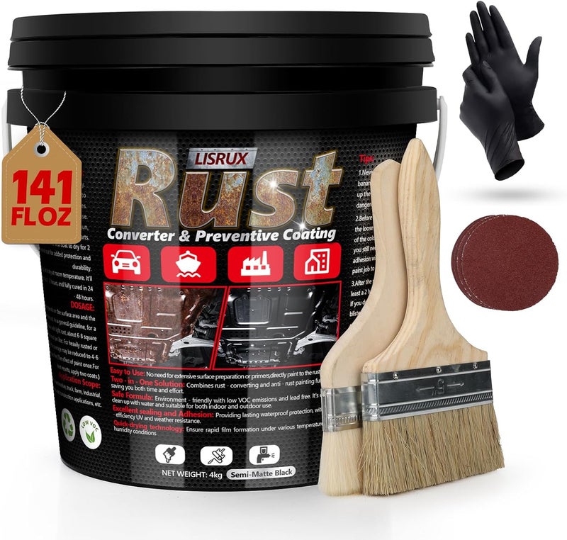 LISRUX Rust Converter & Metal Primer, 141 Fl Oz Black Rust Inhibitor Paint for Metal, Automotive Rust Reformer, Industrial Grade Water Based, Heat Resistance & UV Resistant - Image 1